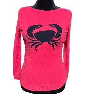Talbots Womens Sp Hot Pink Navy Crab Sweater  Nautical Coastal Beach Boat Neck